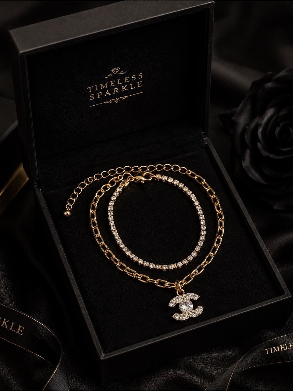 Gold and Crystal Double C Bracelet Set